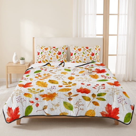 3 Pieces King Quilt Set,Fall Maple Leaf Seamless Soft Bedding Sets with 1 Quilt & 2 Pillow Shams,Rustic Thanksgiving Autumn Leaves Summer Bedspread Lightweight Coverlet Comforter for All Season
