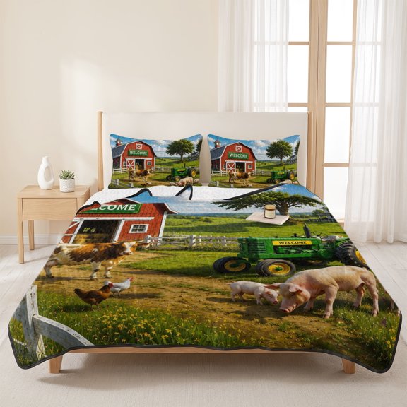 3 Pieces King Quilt Set,Farm Animal Pig Cow Green Tractor Soft Bedding Sets with 1 Quilt & 2 Pillow Shams,Red Barn Rural Fence Summer Bedspread Lightweight Coverlet Comforter for All Season