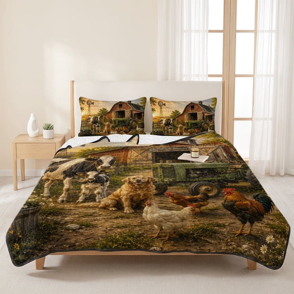 3 Pieces King Quilt Set,Farm Animals Cow Dog Rooster Duck Soft Bedding Sets with 1 Quilt & 2 Pillow Shams,Red Barn Green Tractor Summer Bedspread Lightweight Coverlet Comforter for All Season