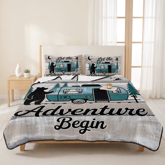 3 Pieces King Quilt Set,Farmhouse Bear Camper Van Tree Soft Bedding Sets with 1 Quilt & 2 Pillow Shams,Vintage Wood Grain Summer Bedspread Lightweight Coverlet Comforter for All Season