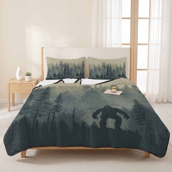 3 Pieces King Quilt Set,Forest Gorilla Wild Animal Trees Silhouette Soft Bedding Sets with 1 Quilt & 2 Pillow Shams,Vintage Linen Summer Bedspread Lightweight Coverlet Comforter for All Season