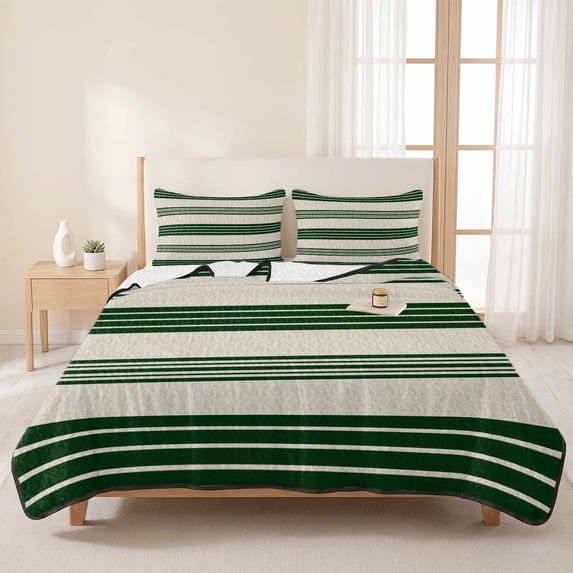 3 Pieces King Quilt Set,Forest Green and Beige Stripe Soft Bedding Sets with 1 Quilt & 2 Pillow Shams,Modern Neutral Striped Summer Bedspread Lightweight Coverlet Comforter for All Season