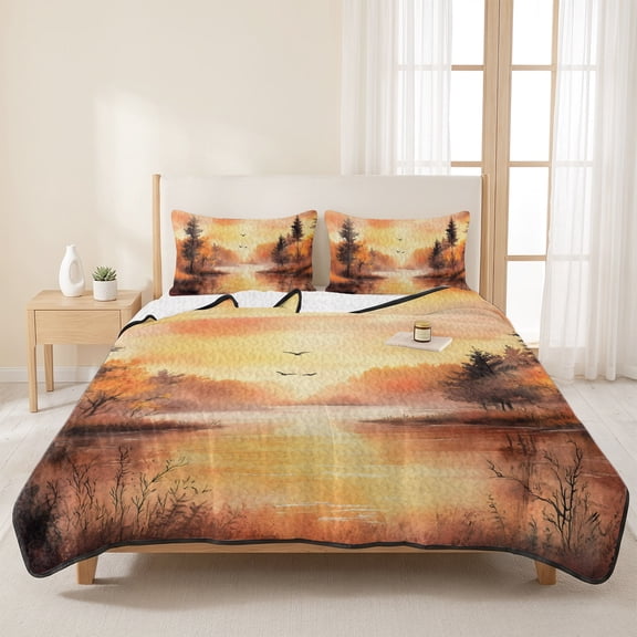 3 Pieces King Quilt Set,Forest Sunset Bird Scenery Soft Bedding Sets with 1 Quilt & 2 Pillow Shams,Abstract Nature Fall Country Art Summer Bedspread Lightweight Coverlet Comforter for All Season