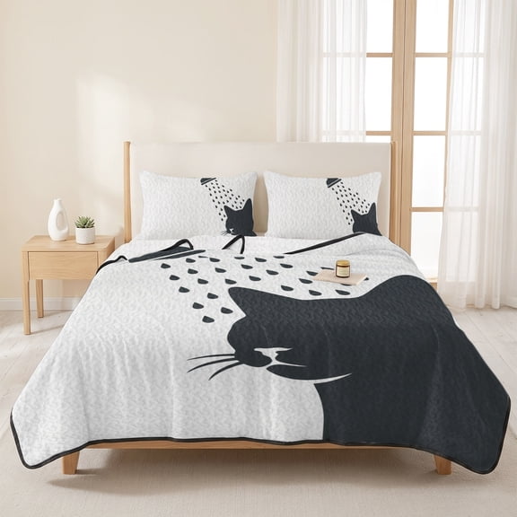 3 Pieces King Quilt Set,Funny Cat Soft Bedding Sets with 1 Quilt & 2 Pillow Shams,Cartoon Grey White Shadow Summer Bedspread Lightweight Coverlet Comforter for All Season