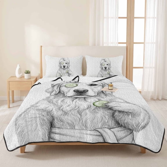3 Pieces King Quilt Set,Golden Retriever Cucumber SPA Soft Bedding Sets with 1 Quilt & 2 Pillow Shams,Monochromatic Animal Art Summer Bedspread Lightweight Coverlet Comforter for All Season