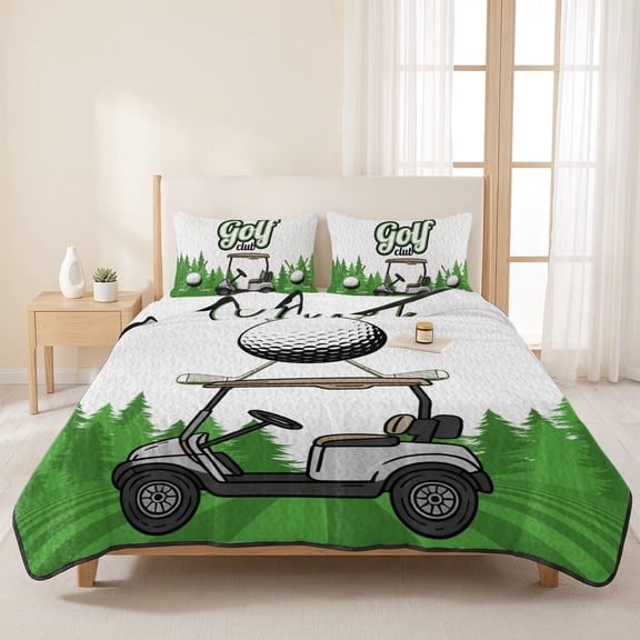 3 Pieces King Quilt Set,Golf Club Words Car Soft Bedding Sets with 1 Quilt & 2 Pillow Shams,Cartoon Forest Summer Bedspread Lightweight Coverlet Comforter for All Season