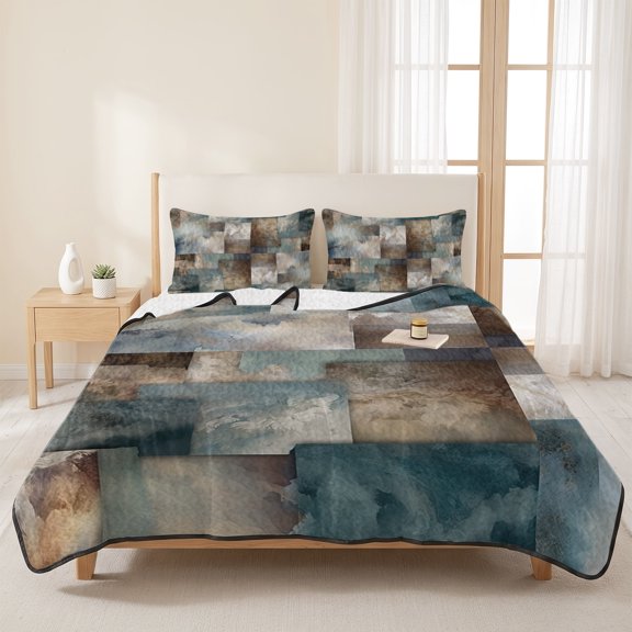 3 Pieces King Quilt Set,Gradient Color Block Abstract Art Soft Bedding Sets with 1 Quilt & 2 Pillow Shams,Twisted Line Modern Style Summer Bedspread Lightweight Coverlet Comforter for All Season