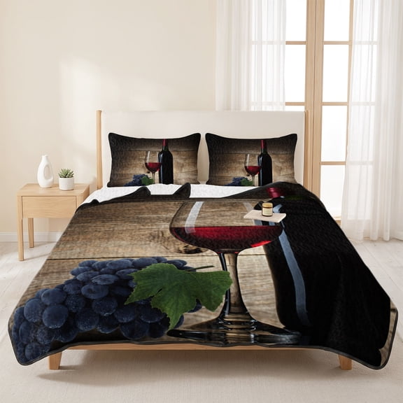 3 Pieces King Quilt Set,Grape Wine Red Wines Glass Farm Fruit Soft Bedding Sets with 1 Quilt&2 Pillow Shams,Cellar Vintage Brown Wood Grain Summer Bedspread Lightweight Comforter for All Season