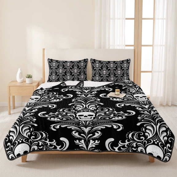3 Pieces King Quilt Set,Halloween Scary Skull Skeleton Damask Flower Soft Bedding Sets with 1 Quilt & 2 Pillow Shams,Black White Brocade Summer Bedspread Lightweight Coverlet Comforter for All Season