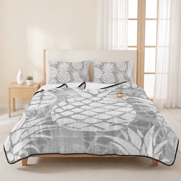 3 Pieces King Quilt Set,Light Gray Pineapple Soft Bedding Sets with 1 Quilt & 2 Pillow Shams,Modern Fruit Art Summer Bedspread Lightweight Coverlet Comforter for All Season