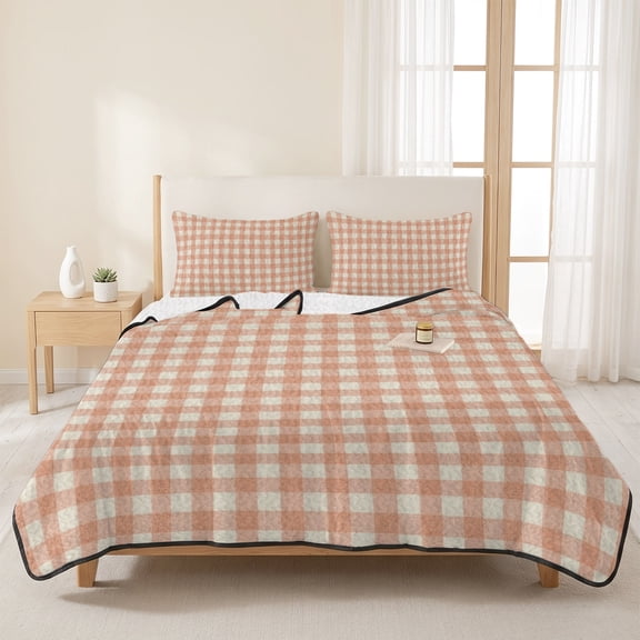 3 Pieces King Quilt Set,Minimalist Pink Beige Gingham Soft Bedding Sets with 1 Quilt & 2 Pillow Shams,Rustic Buffalo Check Summer Bedspread Lightweight Coverlet Comforter for All Season