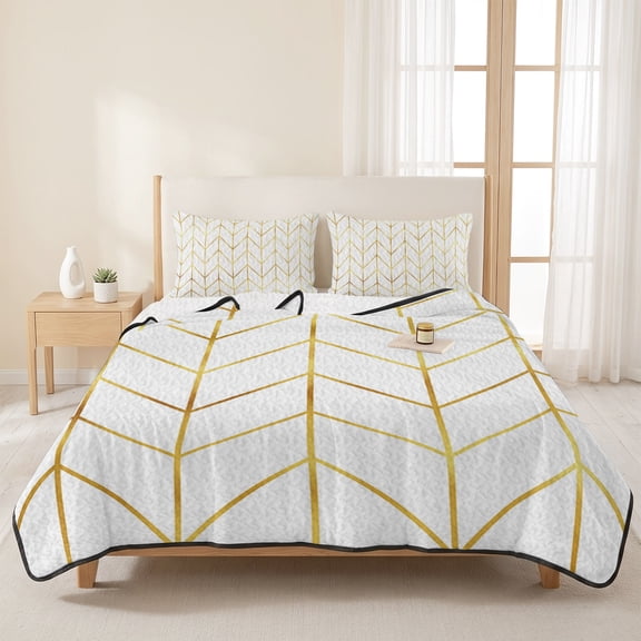 3 Pieces King Quilt Set,Minimalist Yellow Herringbone Arrow Soft Bedding Sets with 1 Quilt & 2 Pillow Shams,Abstract Geometric Line Summer Bedspread Lightweight Coverlet Comforter for All Season