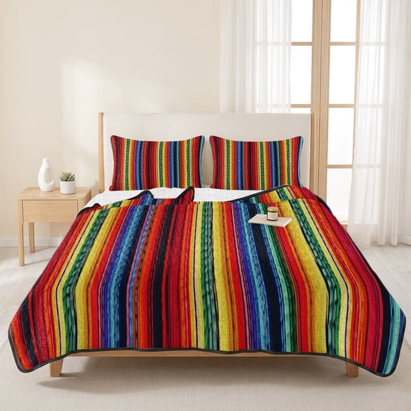 3 Pieces King Quilt Set,Modern Colorful Mexican Stripe Soft Bedding Sets with 1 Quilt & 2 Pillow Shams,Boho Gradient Rainbow Line Summer Bedspread Lightweight Coverlet Comforter for All Season