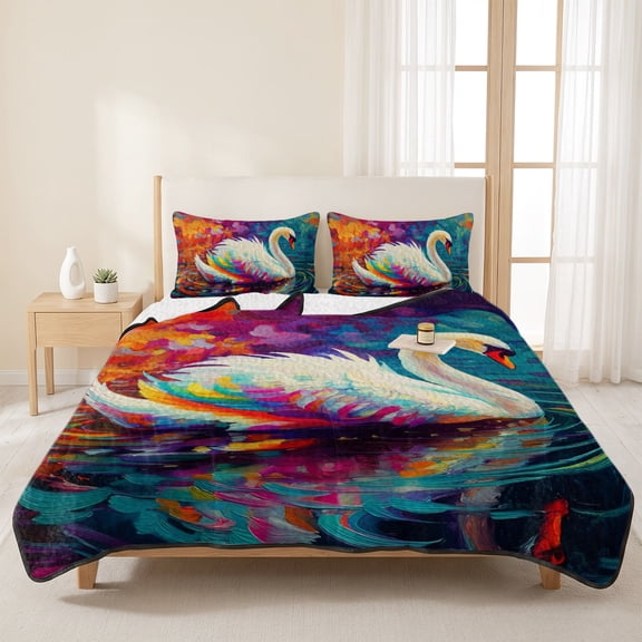 3 Pieces King Quilt Set,Oil Painting Style Swan Soft Bedding Sets with 1 Quilt & 2 Pillow Shams,Colorful Reflection Art Summer Bedspread Lightweight Coverlet Comforter for All Season