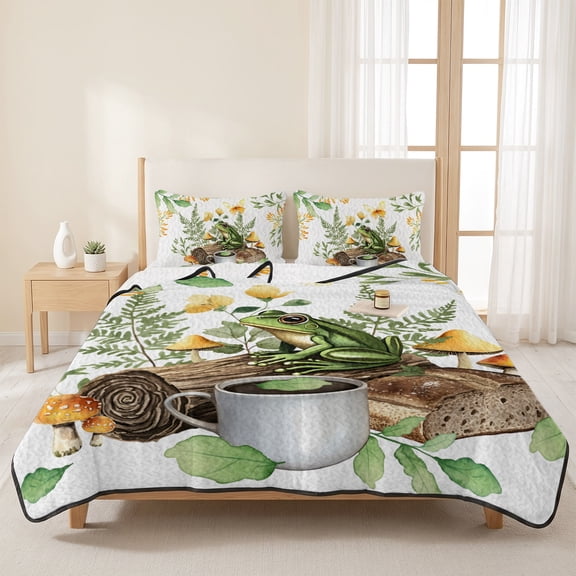 3 Pieces King Quilt Set,Pastoral Frog Coffee Plant Soft Bedding Sets with 1 Quilt & 2 Pillow Shams,Watercolor Country Scenery Summer Bedspread Lightweight Coverlet Comforter for All Season
