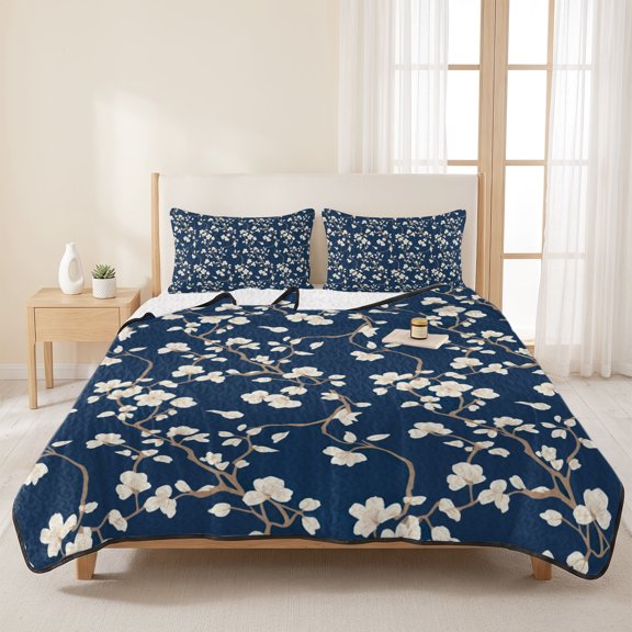 3 Pieces King Quilt Set,Pastoral Swirling Flowers Soft Bedding Sets with 1 Quilt & 2 Pillow Shams,Blue and White Summer Bedspread Lightweight Coverlet Comforter for All Season