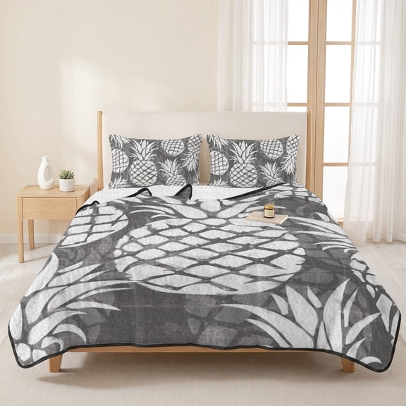 3 Pieces King Quilt Set,Pineapple Summer Fruit Seamless Soft Bedding Sets with 1 Quilt & 2 Pillow Shams,Retro Gray Summer Bedspread Lightweight Coverlet Comforter for All Season
