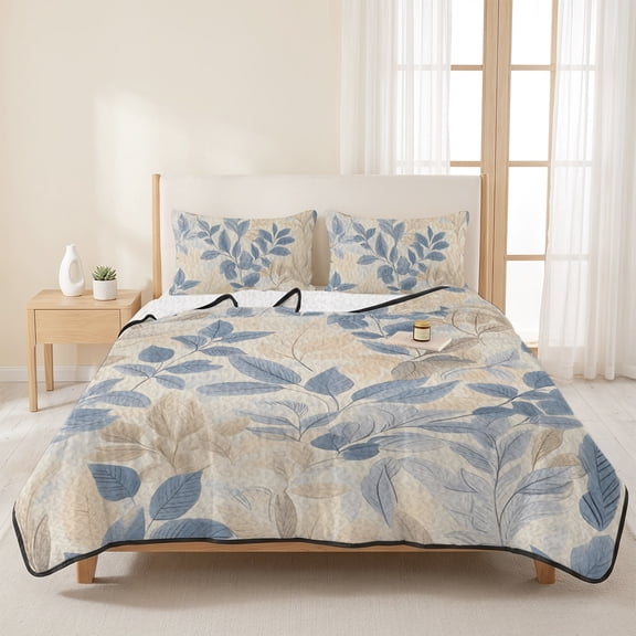 3 Pieces King Quilt Set,Retro Seamless Botanical Leaves Soft Bedding Sets with 1 Quilt & 2 Pillow Shams,Watercolor Foliage Plant Summer Bedspread Lightweight Coverlet Comforter for All Season