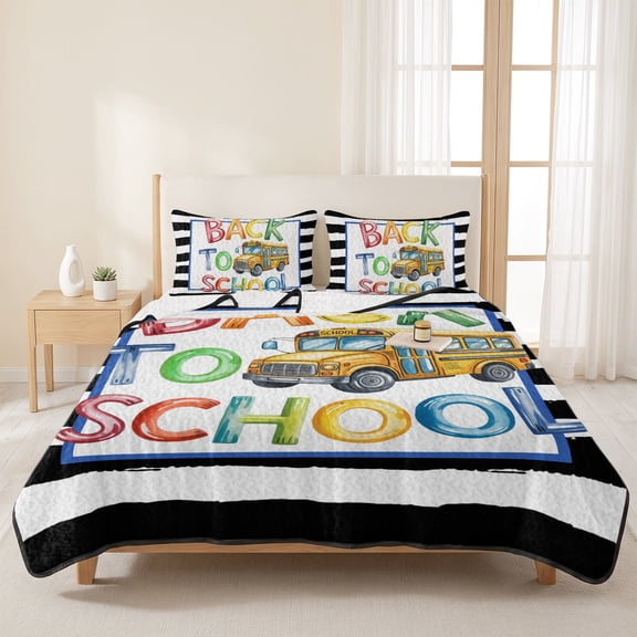 3 Pieces King Quilt Set,School Season Yellow Bus Soft Bedding Sets with 1 Quilt & 2 Pillow Shams,Black White Stripes Summer Bedspread Lightweight Coverlet Comforter for All Season
