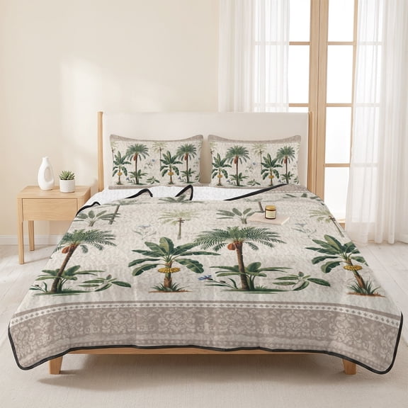 3 Pieces King Quilt Set,Serene Botanical Print Soft Bedding Sets with 1 Quilt & 2 Pillow Shams,Beige Border Weathered Textures Summer Bedspread Lightweight Coverlet Comforter for All Season