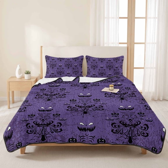 3 Pieces King Quilt Set,Spooky Halloween Haunted Ghost Cobweb Soft Bedding Sets with 1 Quilt & 2 Pillow Shams,Black Purple Summer Bedspread Lightweight Coverlet Comforter for All Season