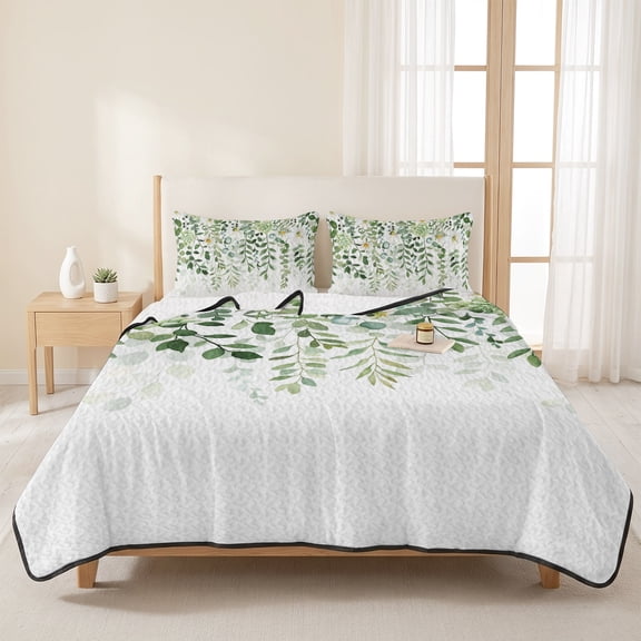 3 Pieces King Quilt Set,Spring Summer Succulent Eucalyptus Leaves Soft Bedding Sets with 1 Quilt & 2 Pillow Shams,Sage Green White Summer Bedspread Lightweight Coverlet Comforter for All Season