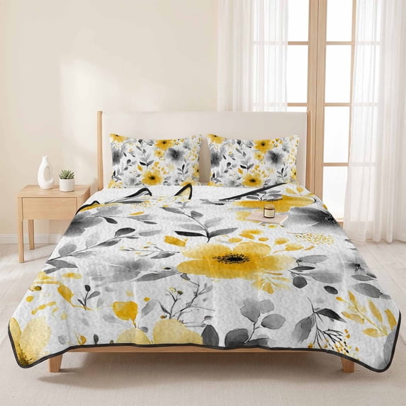 3 Pieces King Quilt Set,Spring Watercolor Yellow Gray Flowers Leaves Soft Bedding Sets with 1 Quilt & 2 Pillow Shams,Abstract Plants Summer Bedspread Lightweight Coverlet Comforter for All Season