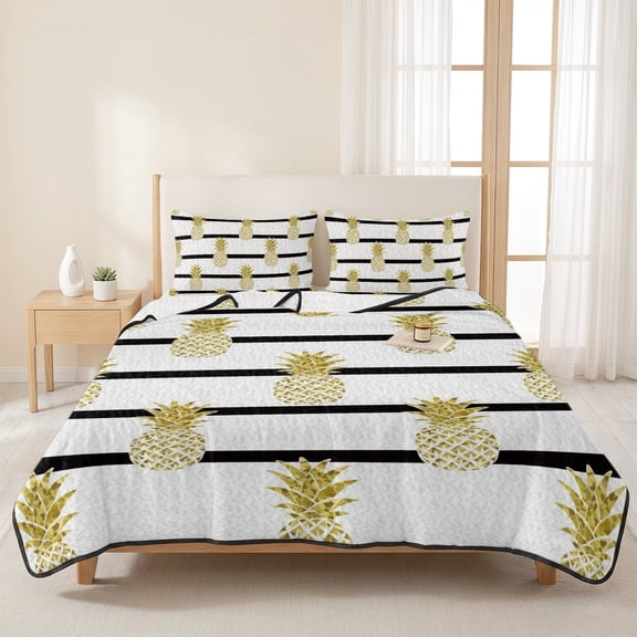 3 Pieces King Quilt Set,Summer Gold Pineapple Black White Stripes Soft Bedding Sets with 1 Quilt&2 Pillow Shams,Tropical Fruit Seamless Summer Bedspread Lightweight Coverlet Comforter for All Season