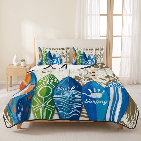 3 Pieces King Quilt Set,Summer Surfing Beach Tropical Palm Tree Soft Bedding Sets with 1 Quilt & 2 Pillow Shams,Rustic Wooden Plank Summer Bedspread Lightweight Coverlet Comforter for All Season