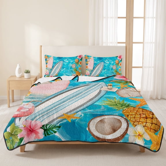 3 Pieces King Quilt Set,Summer Tropical Surfboard Soft Bedding Sets with 1 Quilt & 2 Pillow Shams,Pineapple Starfish Cocktail Summer Bedspread Lightweight Coverlet Comforter for All Season