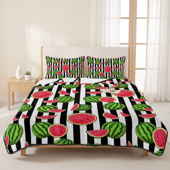 3 Pieces King Quilt Set,Summer Watermelon Black and White Stripes Soft Bedding Sets with 1 Quilt & 2 Pillow Shams,Fruit Harvest Summer Bedspread Lightweight Coverlet Comforter for All Season