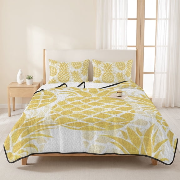 3 Pieces King Quilt Set,Summer Yellow Pineapple Leaves Soft Bedding Sets with 1 Quilt & 2 Pillow Shams,Abstract Tropical Fruit Summer Bedspread Lightweight Coverlet Comforter for All Season