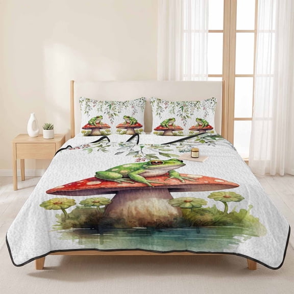 3 Pieces King Quilt Set,Watercolor Frog on Mushroom Soft Bedding Sets with 1 Quilt & 2 Pillow Shams,Eucalyptus Leaf Floral on White Summer Bedspread Lightweight Coverlet Comforter for All Season