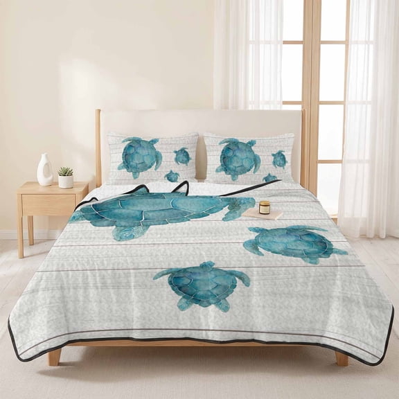 3 Pieces King Quilt Set,Watercolor Ocean Teal Turtle Soft Bedding Sets with 1 Quilt & 2 Pillow Shams,Marine Life Wooden Plank Summer Bedspread Lightweight Coverlet Comforter for All Season