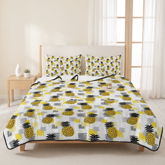 3 Pieces King Quilt Set,Watercolor Tropical Pineapple Soft Bedding Sets with 1 Quilt & 2 Pillow Shams,Abstract Gray Yellow Geometric Summer Bedspread Lightweight Coverlet Comforter for All Season