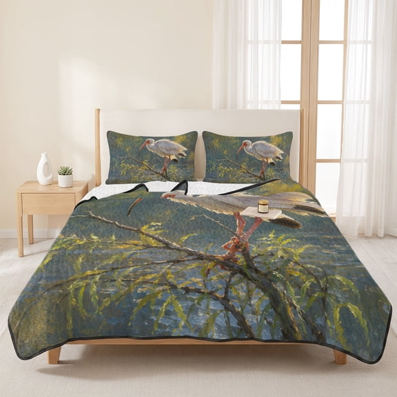 3 Pieces King Quilt Set,Watercolor White Ibis Pattern Soft Bedding Sets with 1 Quilt & 2 Pillow Shams,Willow Branch River Summer Bedspread Lightweight Coverlet Comforter for All Season