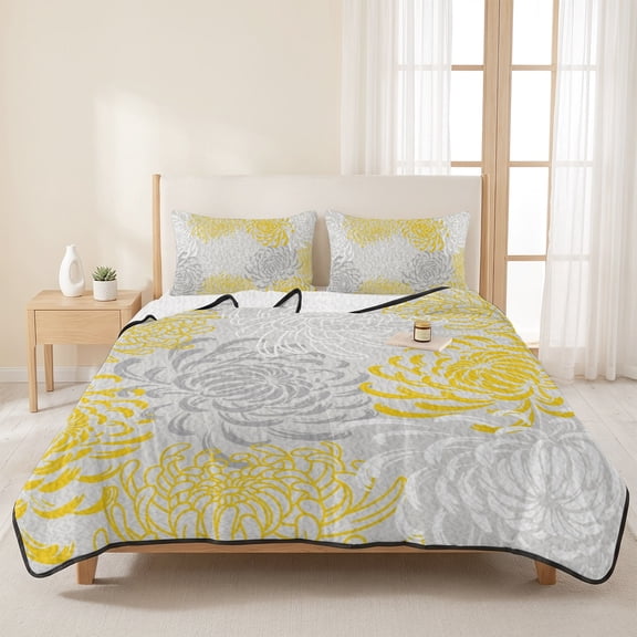 3 Pieces King Quilt Set,Yellow Grey Chrysanthemum on Vintage Soft Bedding Sets with 1 Quilt & 2 Pillow Shams,Summer Flower Summer Bedspread Lightweight Coverlet Comforter for All Season