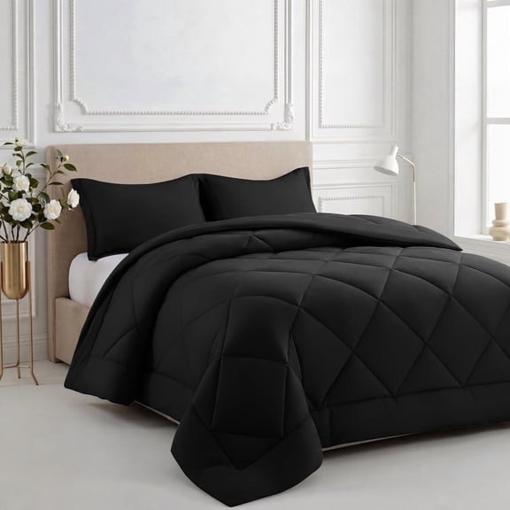 3 Pieces King Size Comforter Set, All Season Lightweight Breathable Bedding Set with 1 Down Alternative Comforter and 2 Pillowcases, Black