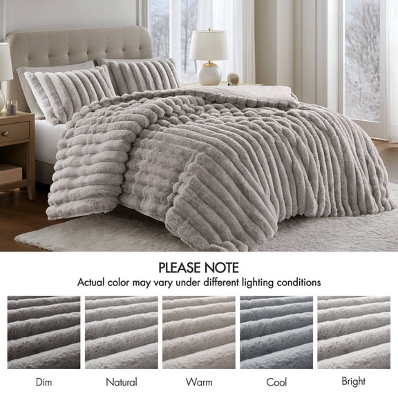 3 Pieces King soft Faux Fur Ribbed Comforter Set,Light Gray
