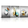 thumbnail image 1 of 3 Pieces Kitchen Canvas Wall Art Wine Glass with Butterfly Sailboat Picture Print on Gray Background Painting Modern Restaurant Dining Room Artwork Wall Decor Framed 12x16inchx3pcs, 1 of 5
