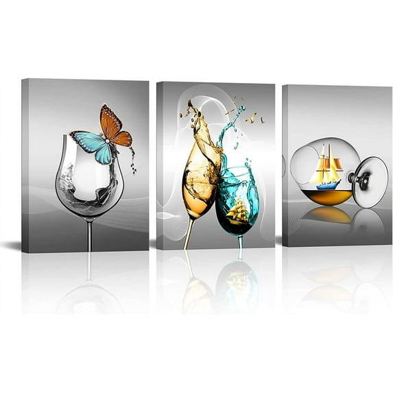 3 Pieces Kitchen Canvas Wall Art Wine Glass with Butterfly Sailboat Picture Print on Gray Background Painting Modern Restaurant Dining Room Artwork Wall Decor Framed 12x16inchx3pcs