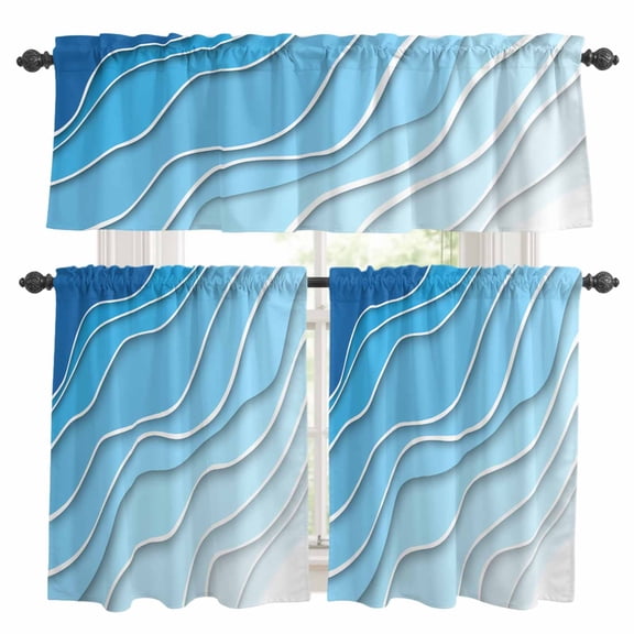 3 Pieces Kitchen Curtain Valance and Tiers Set, Blue Aqua Ombre Kitchen Curtains Set Window Curtain Valances, Modern Geometric Abstract Aesthetic Cream Rod Pocket Bedroom Cafe Curtain 24 Inch Length