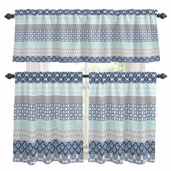 3 Pieces Kitchen Curtain Valance and Tiers Set, Boho Blue Aqua Kitchen Curtains Set Window Curtain Valances, Geometric Stripes Tribal Bohemia Retro Rod Pocket Bedroom Cafe Curtain 24 Inch Length