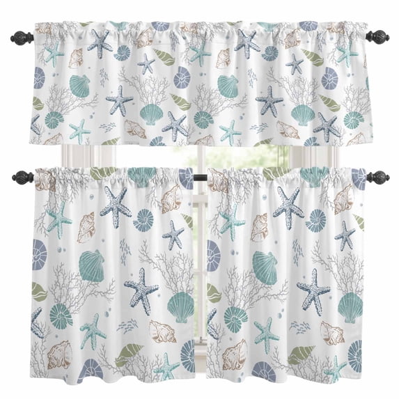 3 Pieces Kitchen Curtain Valance and Tiers Set, Coastal Starfish ...