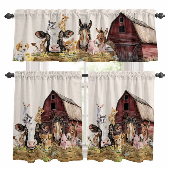 3 Pieces Kitchen Curtain Valance and Tiers Set, Farm Cow Pig Kitchen Curtains Set Window Curtain Valances, Farmhouse Animals Retro Fench Wood Bran Rod Pocket Bedroom Cafe Curtain 36 Inch Length