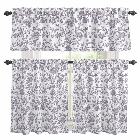 3 Pieces Kitchen Curtain Valance and Tiers Set, Grey-Purple Flower ...