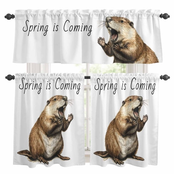3 Pieces Kitchen Curtain Valance and Tiers Set, Happy Groundhog Day Kitchen Curtains Set Window Curtain Valances, February Spring Party Cute Animals Rod Pocket Bedroom Cafe Curtain 36 Inch Length