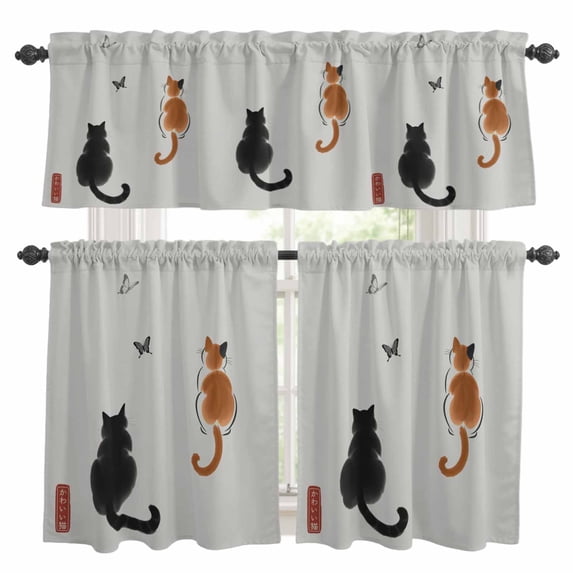 3 Pieces Kitchen Curtain Valance and Tiers Set, Japanese Cute Cat Kitchen Curtains Set Window Curtain Valances, Harmony Cartoon Kitty Butterfly Rod Pocket Bedroom Cafe Curtain 24 Inch Length
