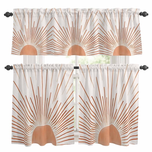 3 Pieces Kitchen Curtain Valance and Tiers Set, Orange Sunshine Kitchen Curtains Set Window Curtain Valances, Lines Retro Abstract Middle Century Rod Pocket Bedroom Cafe Curtain 24 Inch Length