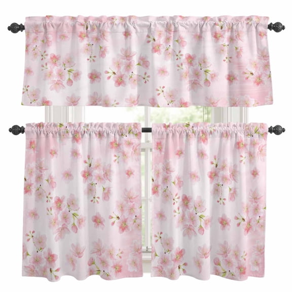 3 Pieces Kitchen Curtain Valance and Tiers Set, Pink Floral Kitchen Curtains Set Window Curtain Valances, Modern Farmhouse Aesthetic Shabby Chic Flower Rod Pocket Bedroom Cafe Curtain 24 Inch Length